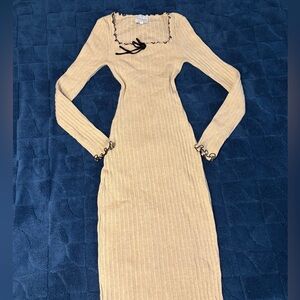 Pink Rose Women Cream Ribbed Knit Square Neck Maxi Dress